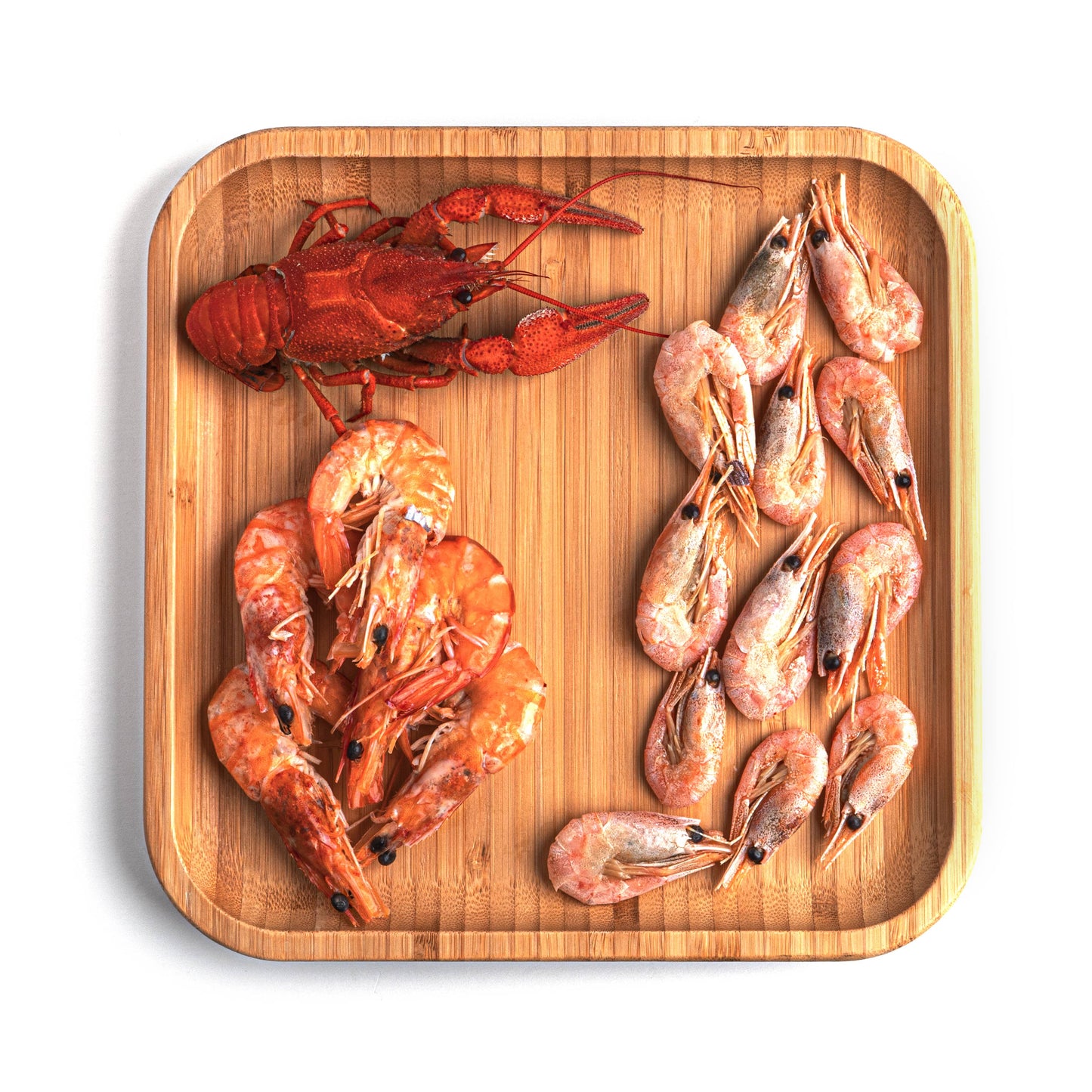 Seafood on a wooden square plate